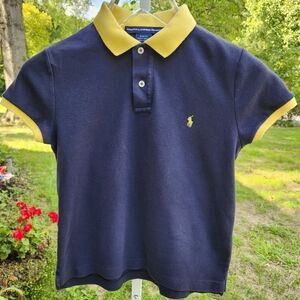 Ralph Lauren Sport Y2K Women's Navy with Yellow Collar Polo Shirt- size Large